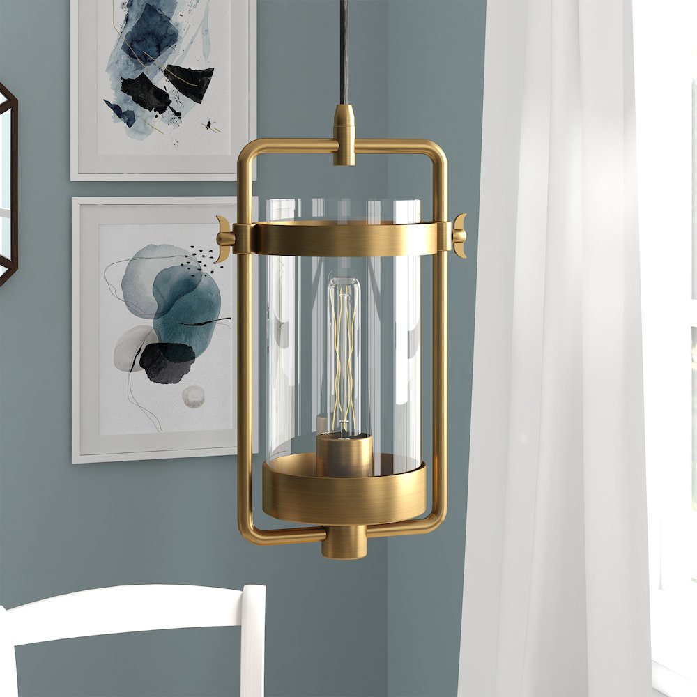 11" Industrial Pendant Light Fixture with Clear Glass Shade and 8' Cord, Gold. Picture 2