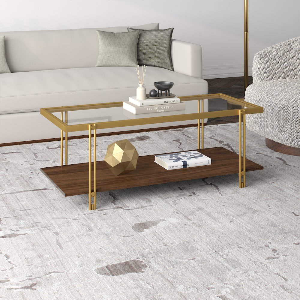 45" Rectangular Coffee Table with Glass Top and  Storage Shelf, Gold/Amber Brown. Picture 6