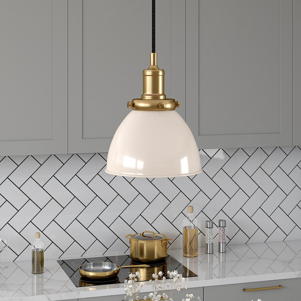 8"  Two-Toned Pendant Fixture with  White Metal Shade and 8' Cord,  White/Gold. Picture 2