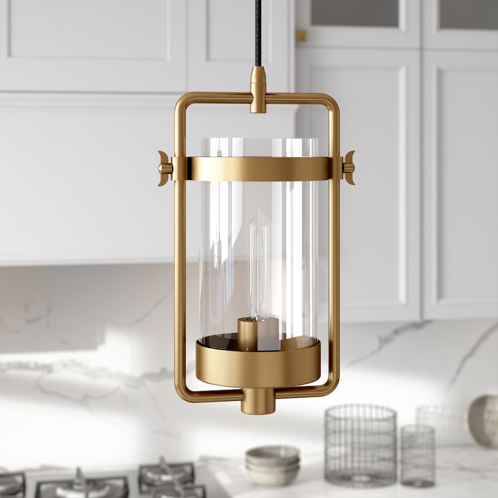 11" Industrial Pendant Light Fixture with Clear Glass Shade and 8' Cord, Gold. Picture 6