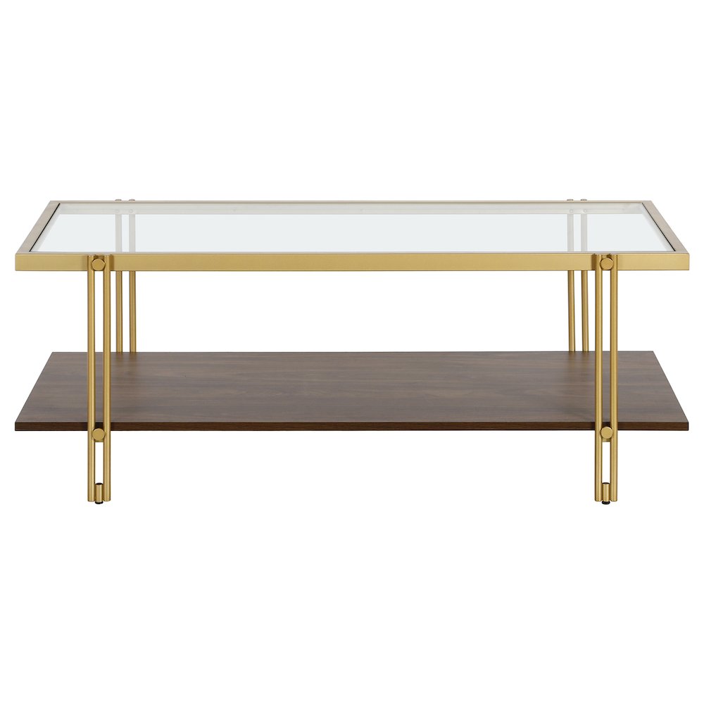 45" Rectangular Coffee Table with Glass Top and  Storage Shelf, Gold/Amber Brown. Picture 3