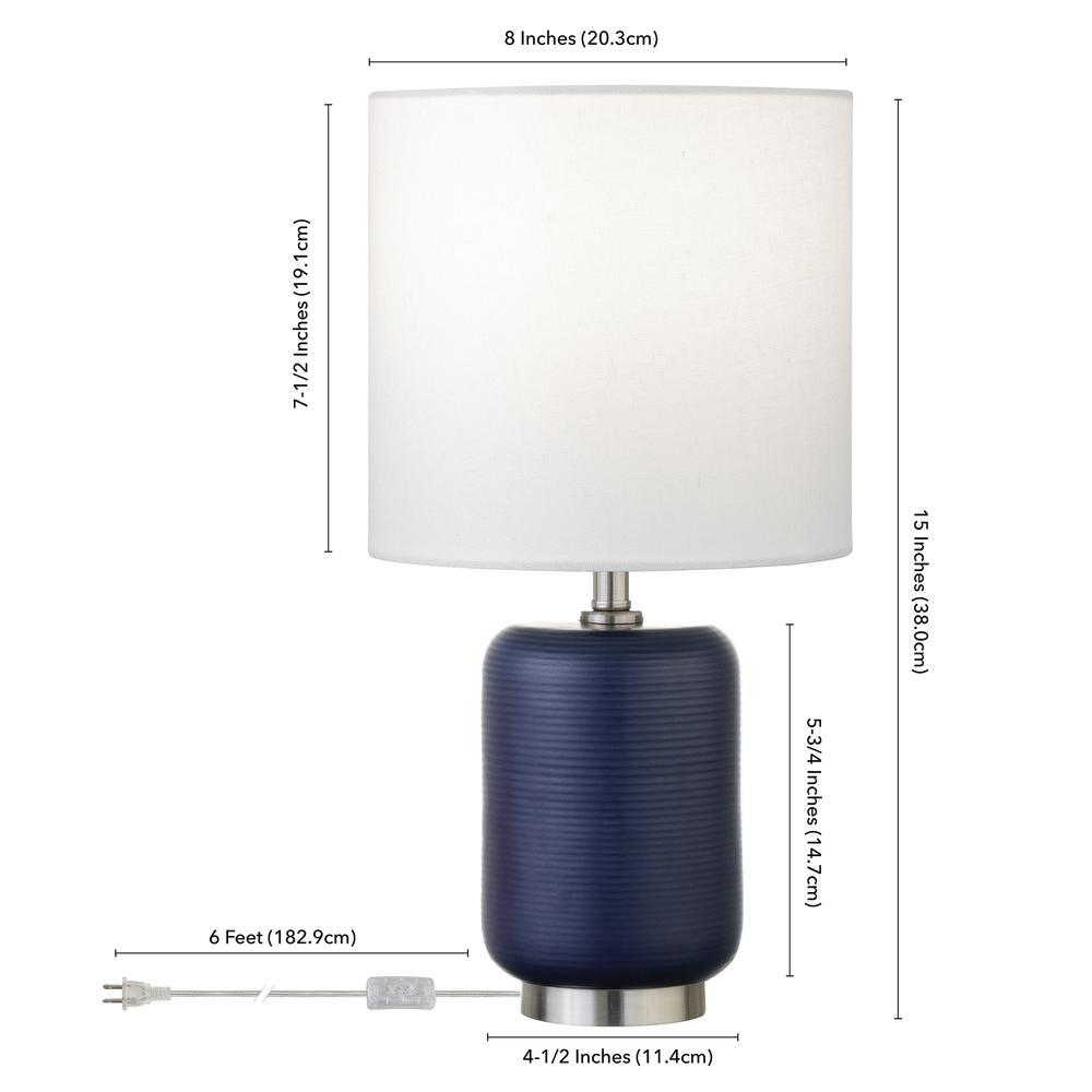 Lambert 15" Tall Ceramic Mini Lamp with Fabric Shade in Navy/Brushed Nickel/White. Picture 3