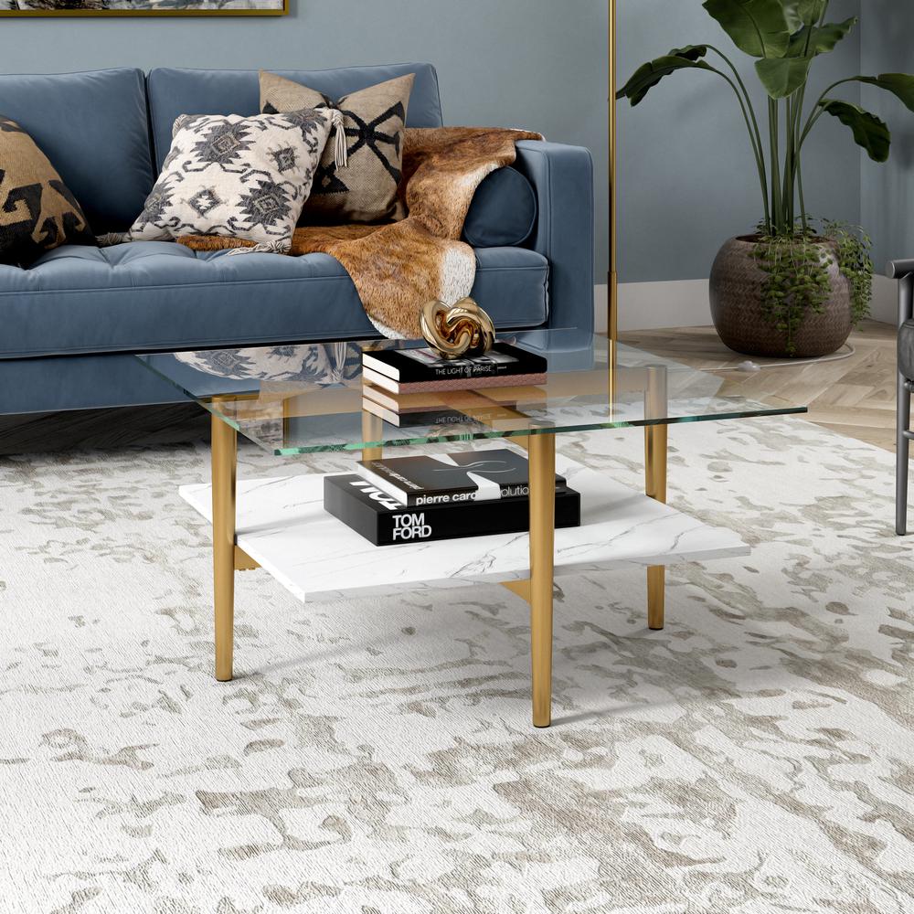Otto 32" Wide Square Coffee Table with Faux Marble Shelf in Brass. Picture 2