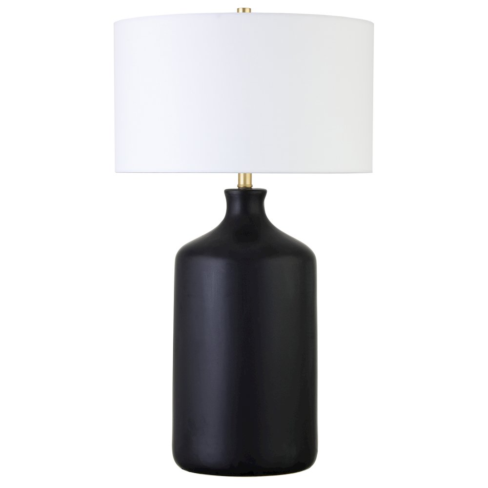 29" Transitional 1-Light Table Lamp with White Fabric Drum Shade, Flat Black. Picture 1