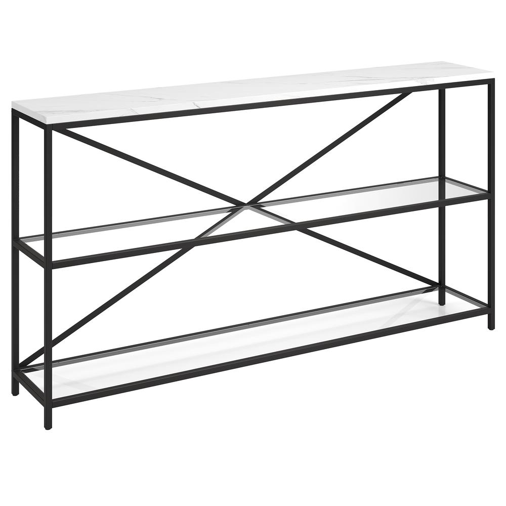 Fionn 55" Wide Rectangular Console Table with Faux Marble Top in Blackened Bronze. Picture 1