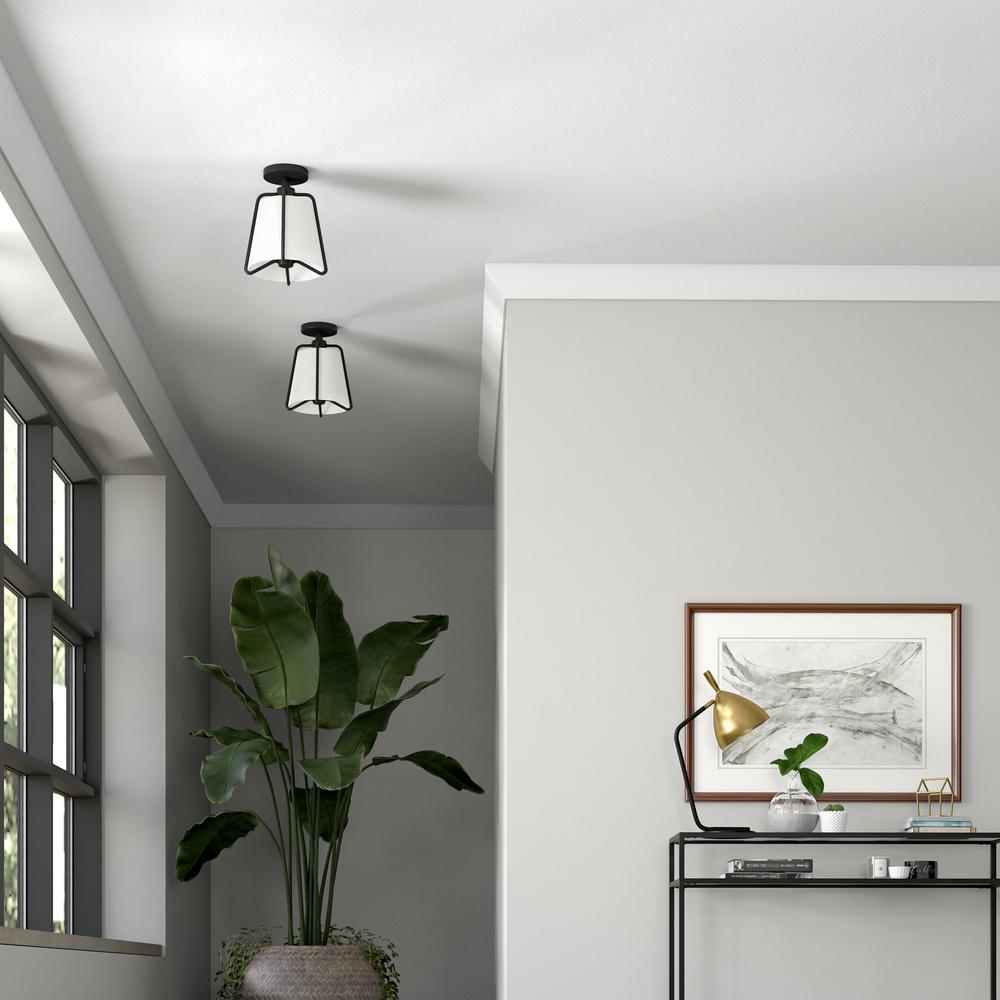 Marduk 9.5" Semi Flush Mount with Fabric Shade in Blackened Bronze/White. Picture 4