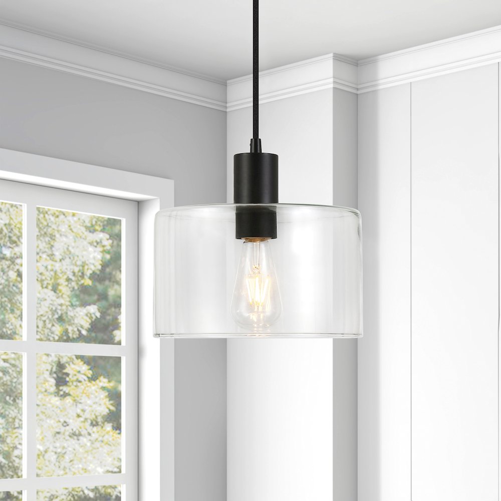 10" Pendant Light Fixture with Clear Glass Shade and 8' Adjustable Cord, Black. Picture 5