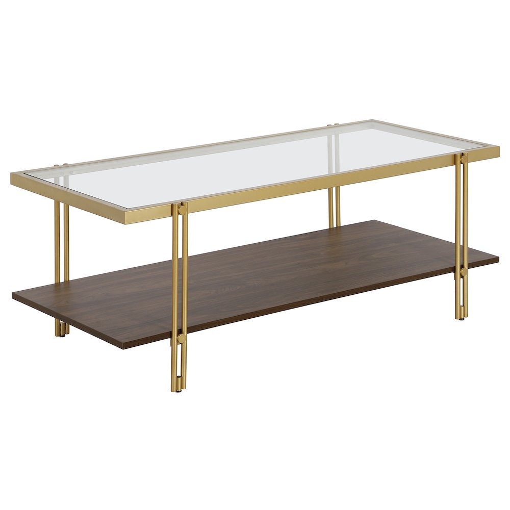 45" Rectangular Coffee Table with Glass Top and  Storage Shelf, Gold/Amber Brown. Picture 1