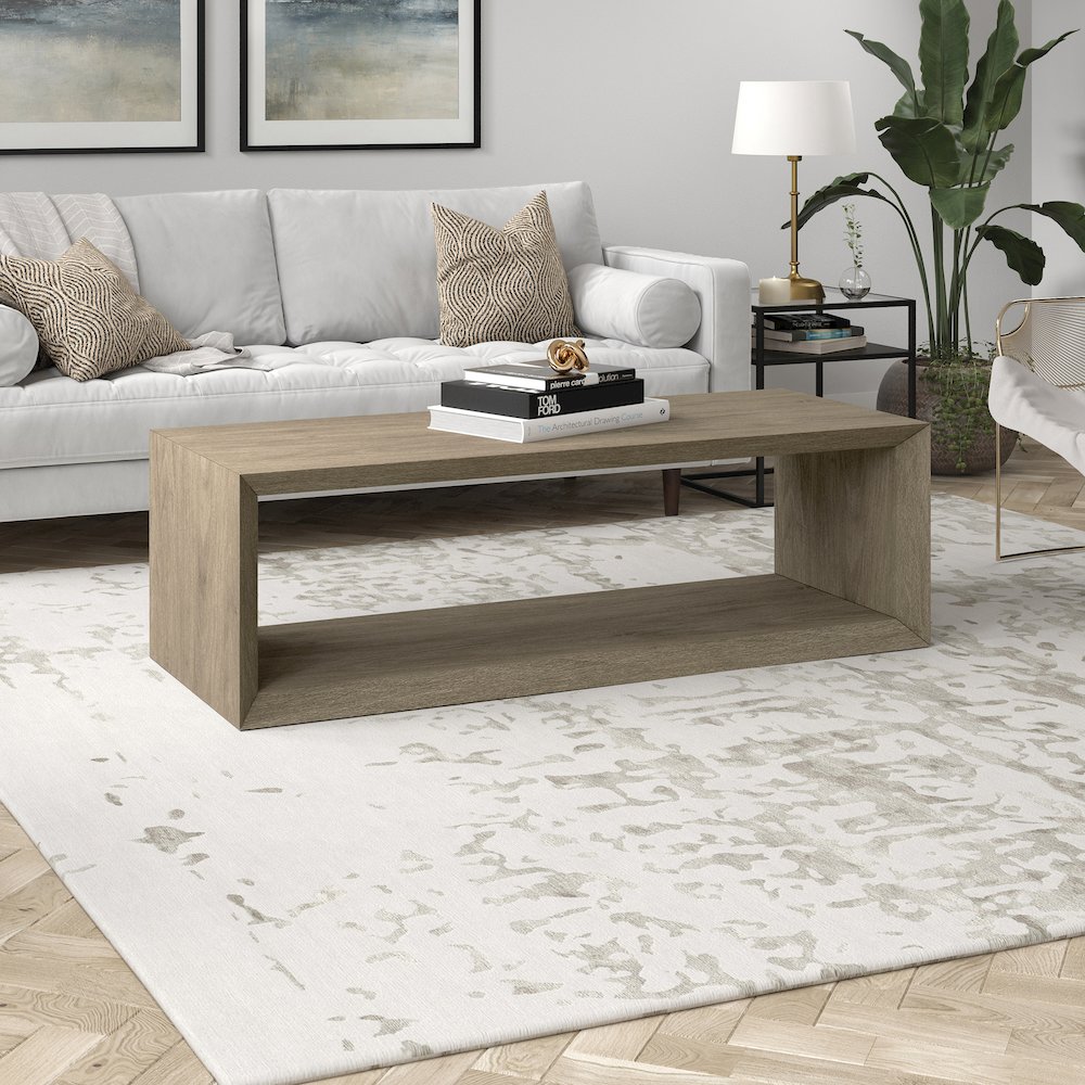 58" Rectangular Coffee Table with Open Storage Shelf, Weathered Gray. Picture 5