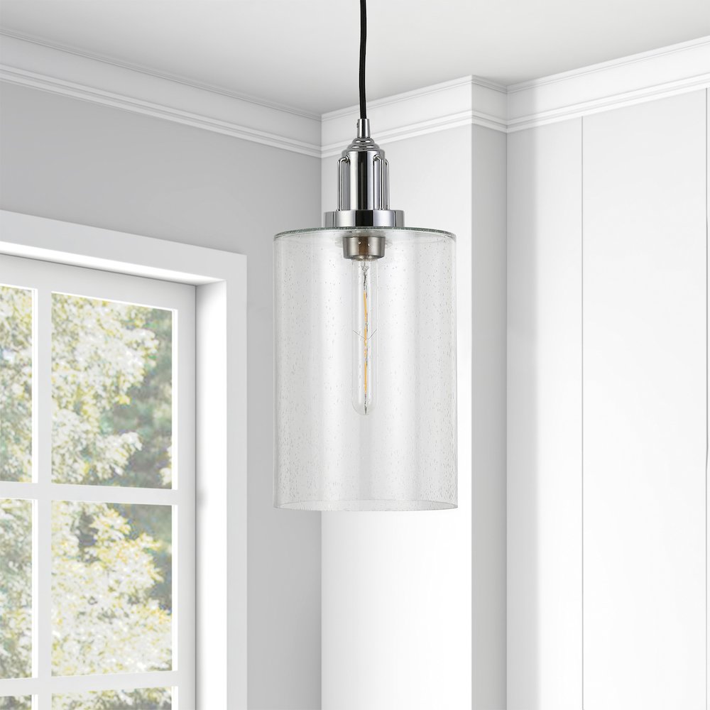 7'' Coastal Pendant Light Fixture with Glass Shade and 8' Cord, Polished Silver. Picture 4