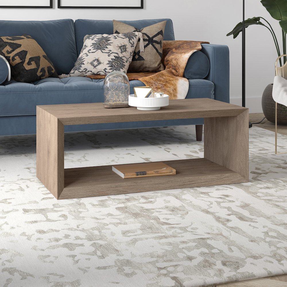 48" Rectangular Coffee Table with Open Storage Shelf, Weathered Gray. Picture 5