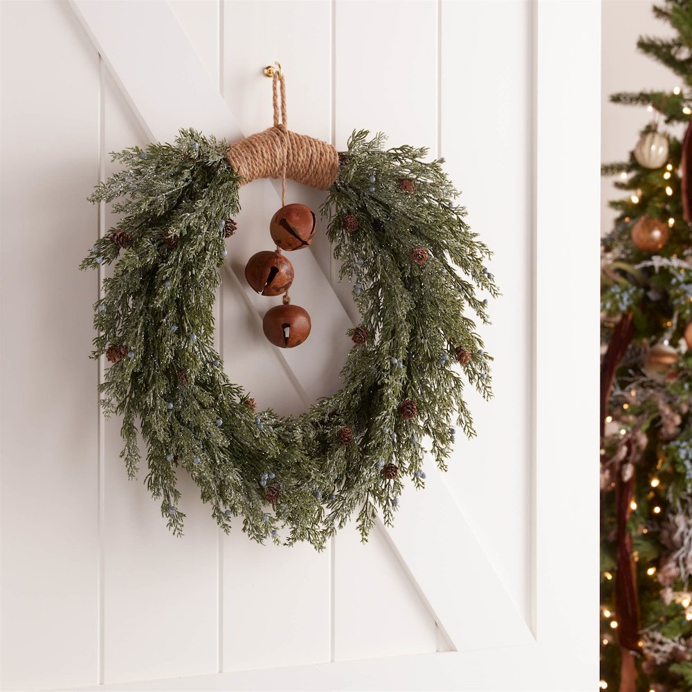 Glittered Pine with Sleigh Bell Wreath 22"D. Picture 3