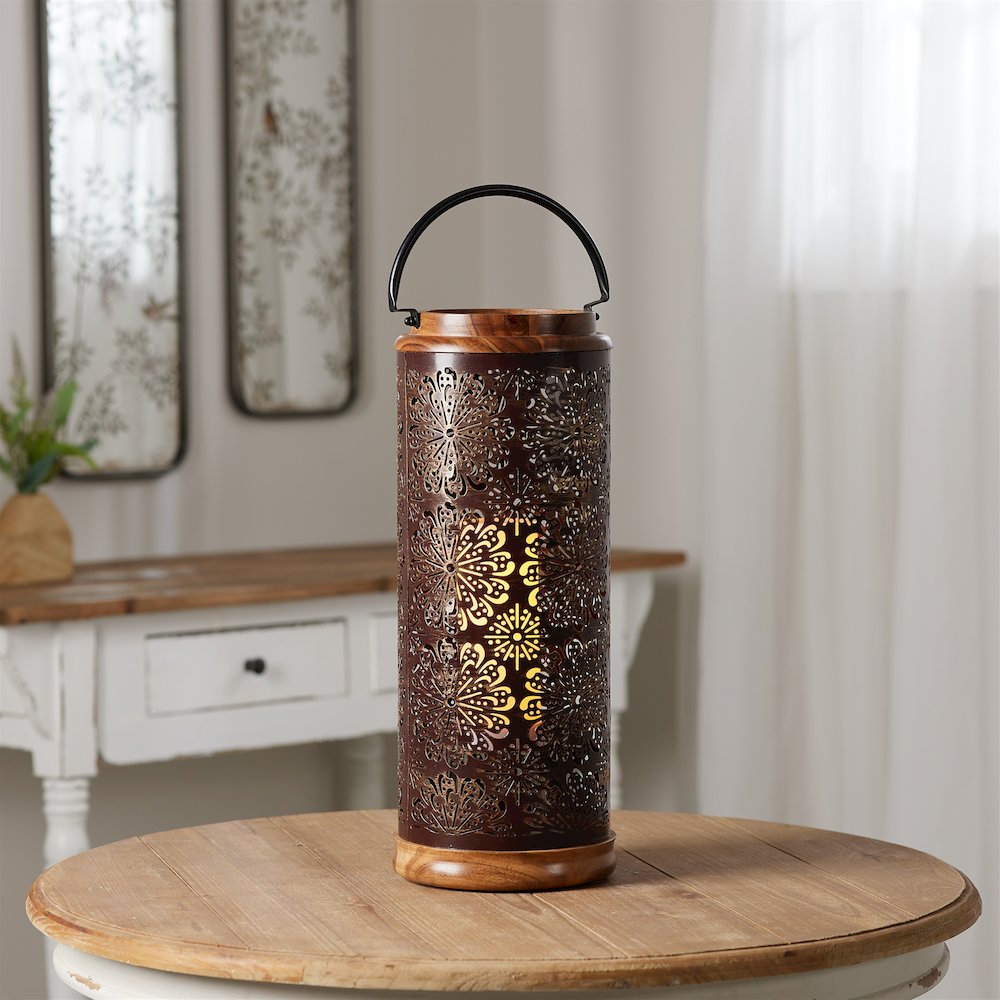 Punched Metal Lantern with Natural Wood Accents 19"H. Picture 3