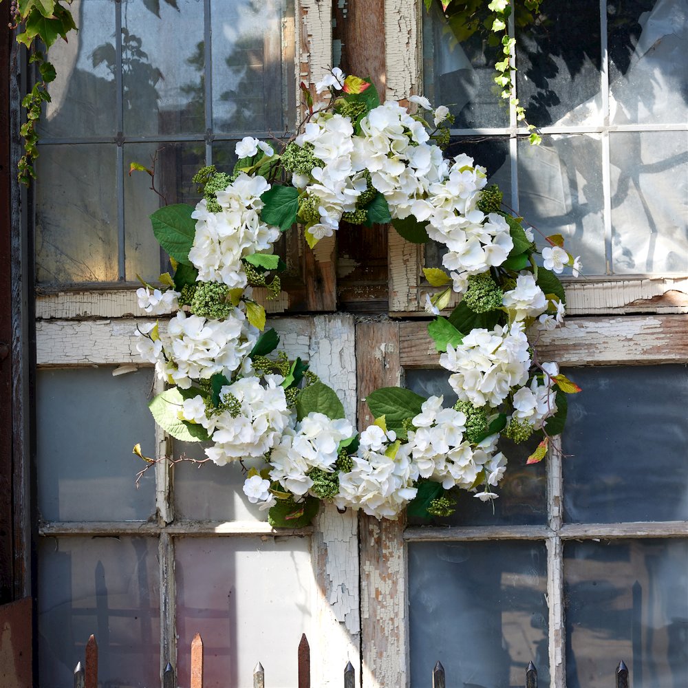 Hydrangea and Seedum Floral Wreath 32"D. Picture 3