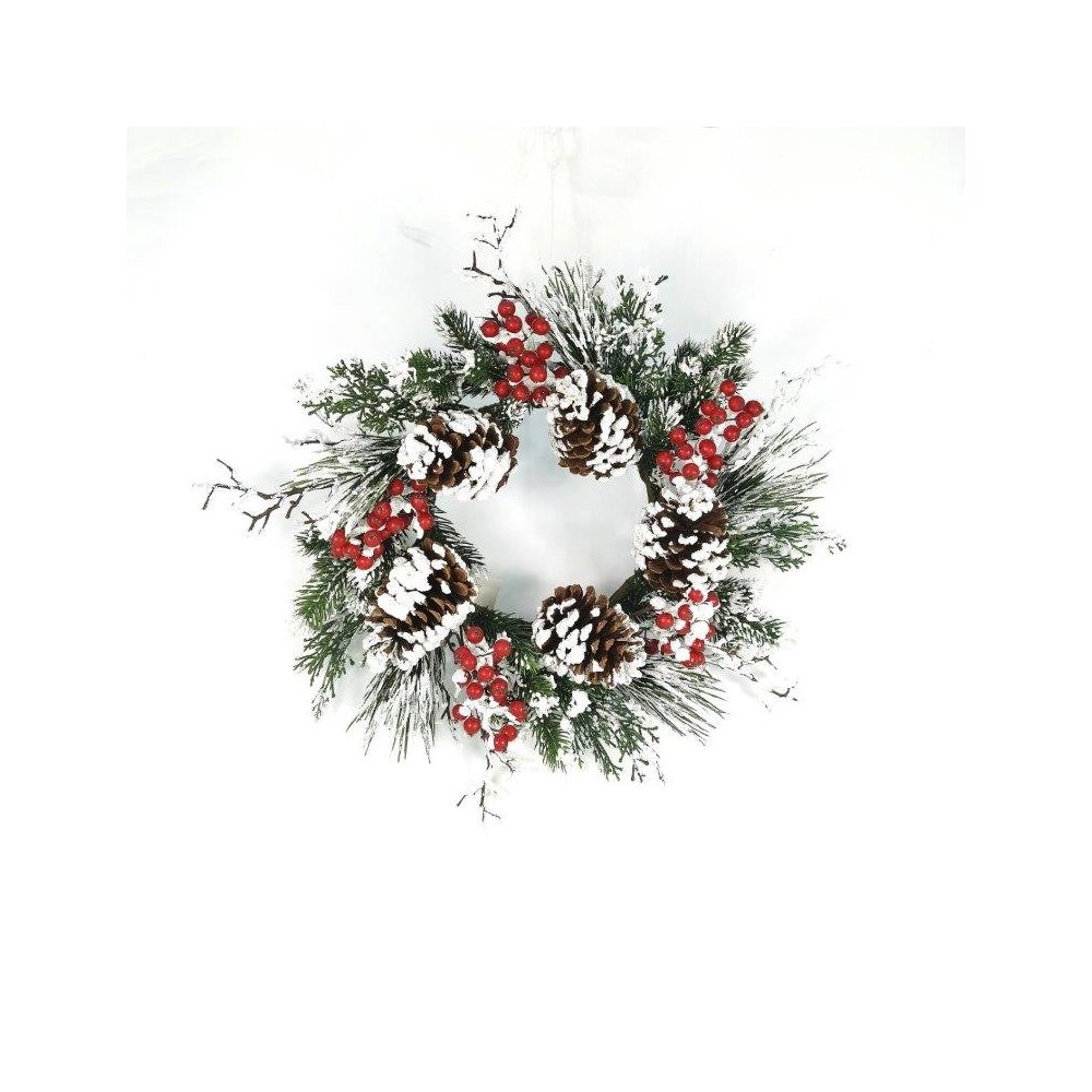 Snow Mixed Pine Berry Wreath 20"D. Picture 1