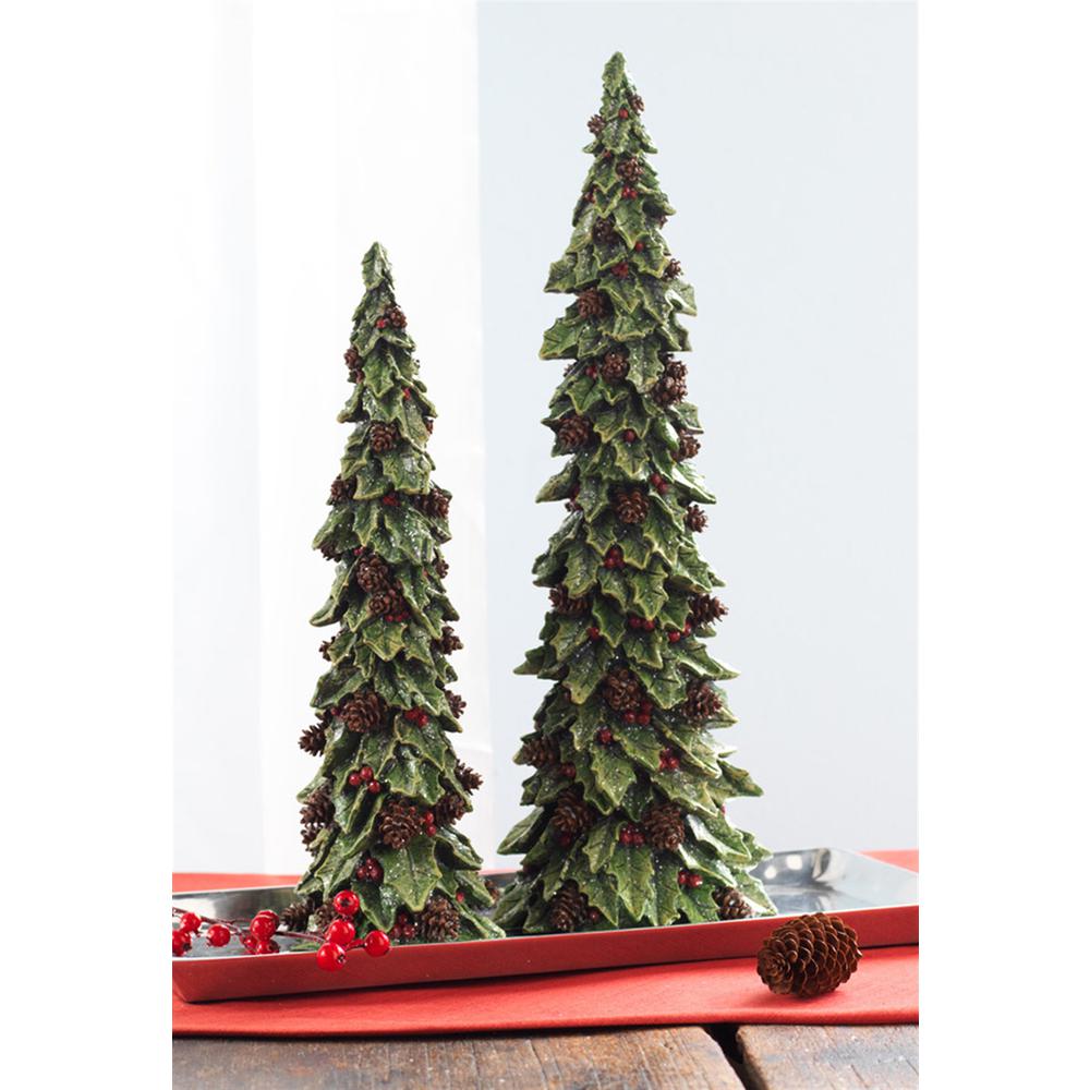 Holly Trees w/Pinecone Detail (Set of 2) 19.5"H, 15"H Polystone. Picture 1