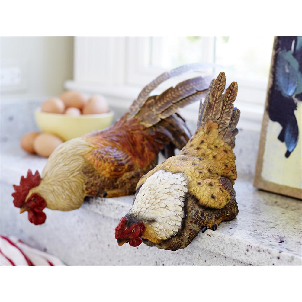 Hen/Rooster Shelf Sitter (Set of 2) 11"L, 16"L Polyresin/Metal. Picture 1