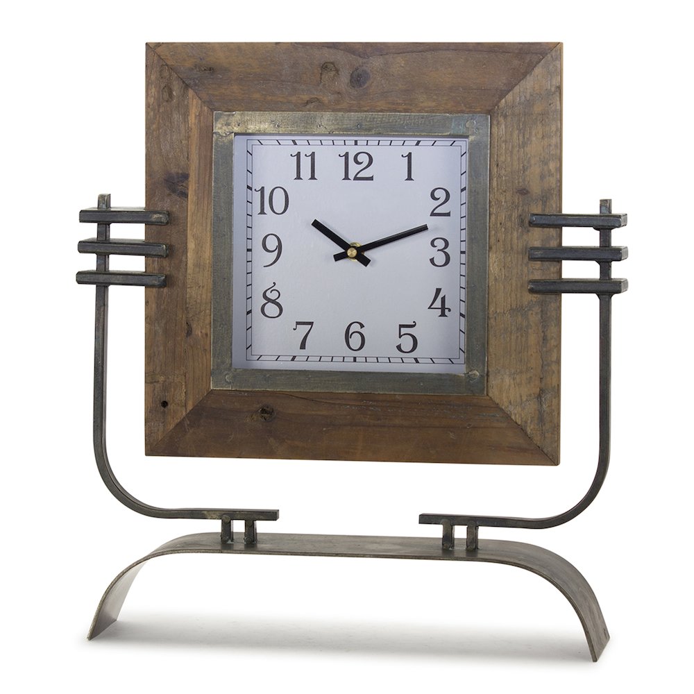 Clock On Stand 15" x 17.5"H Iron/Wood. Picture 1