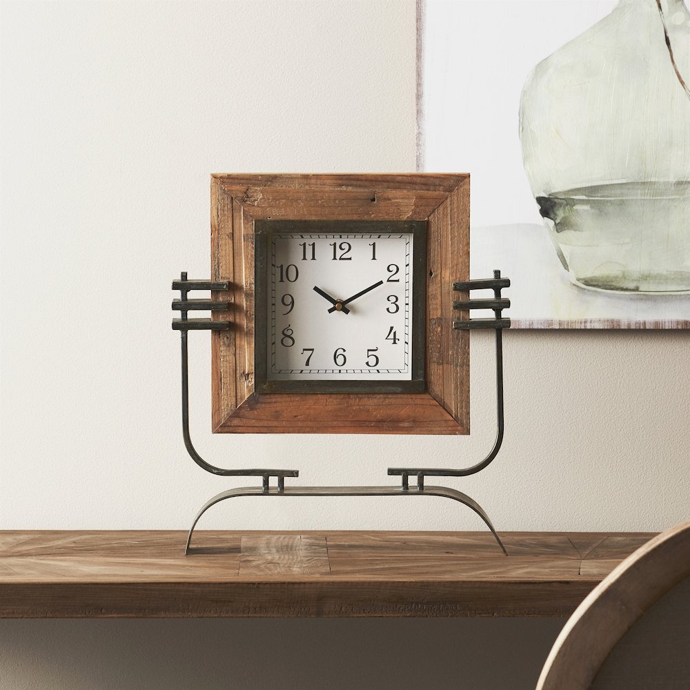 Clock On Stand 15" x 17.5"H Iron/Wood. Picture 2
