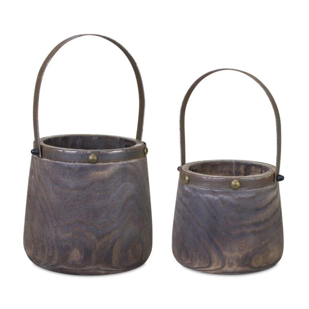 Pail (Set of 2) 7.5"D x 11.75"H, 9"D x 14"H Wood/Steel. Picture 1