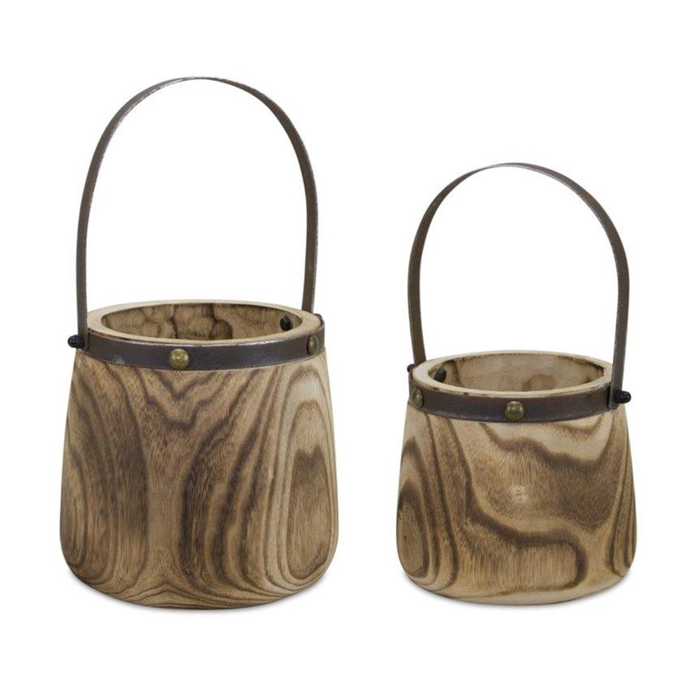 Pail (Set of 2) 7.5"D x 11.75"H, 9"D x 14"H Wood/Steel. Picture 1