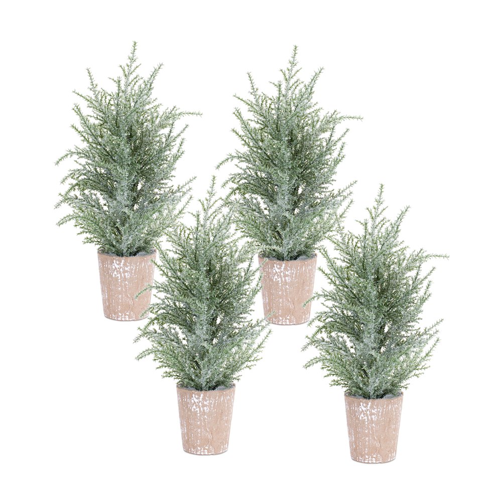 Potted Icy Pine Tree (Set of 4) 15"H Plastic/Paper. Picture 1