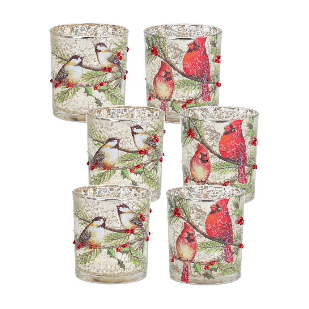Cardinal and Bird Votive Holder (Set of 6) 3"D x 3.25"H Glass. Picture 1