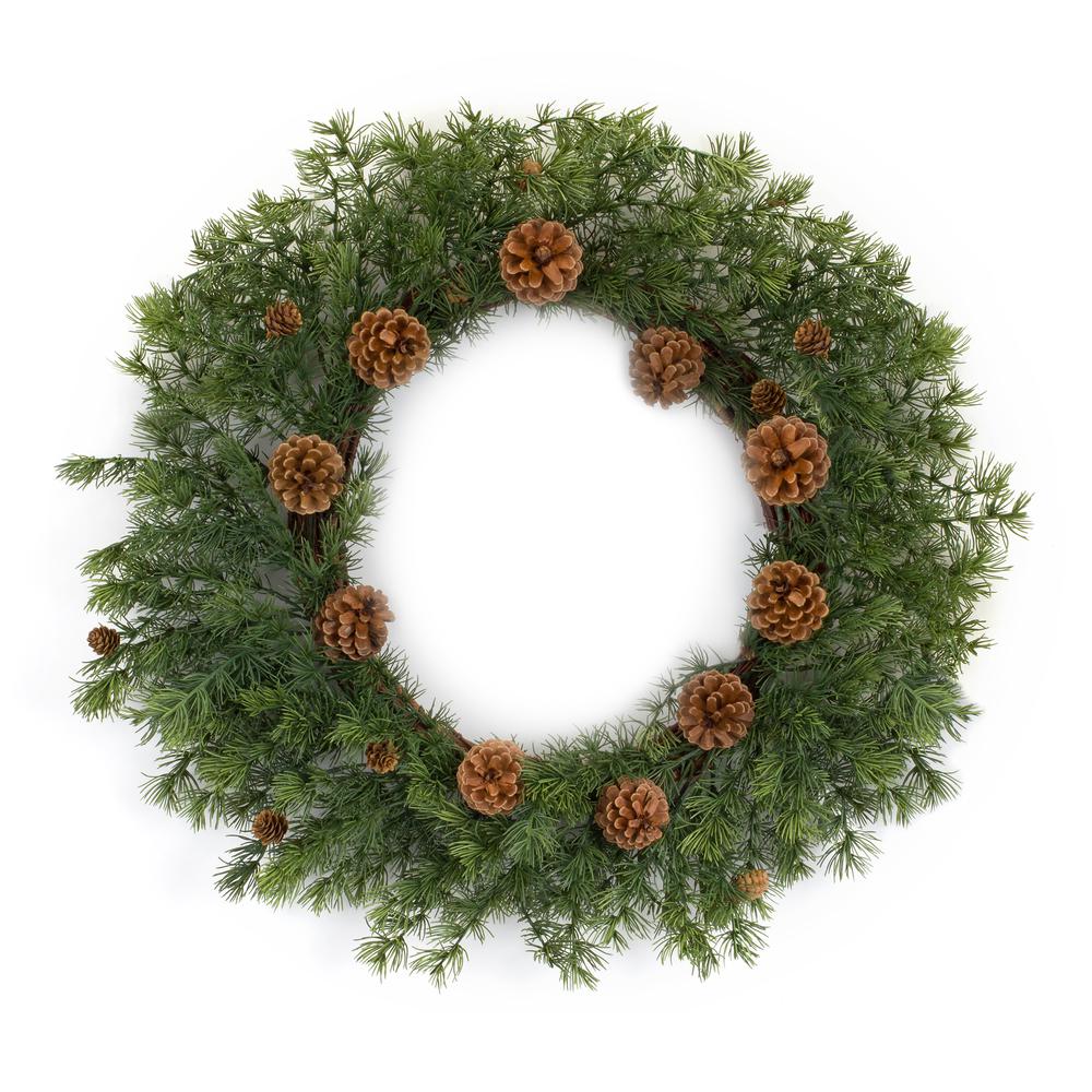 Pine Wreath w/Pine Cones Green Plastic, 83568DS. Picture 1