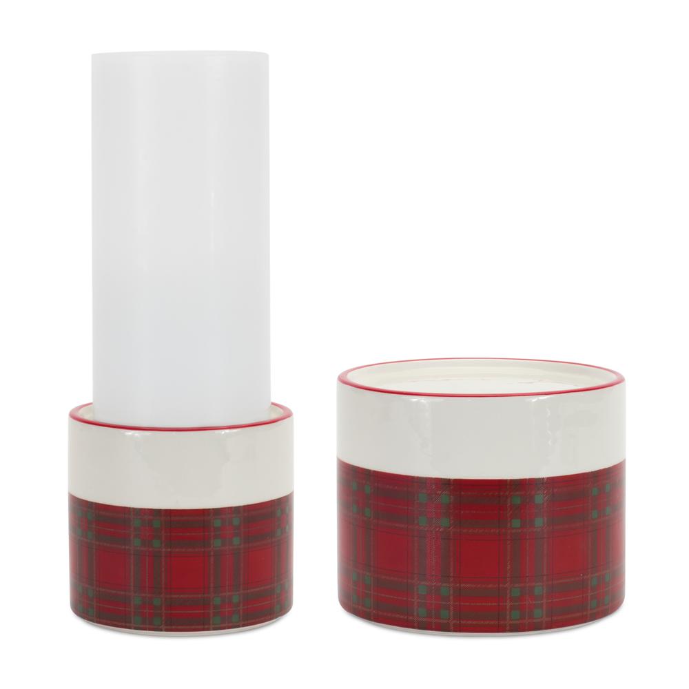 Plaid Candle Holder (Set of 2) 3.75"D x 3.5"H, 5"D x 4"H Ceramic. Picture 1