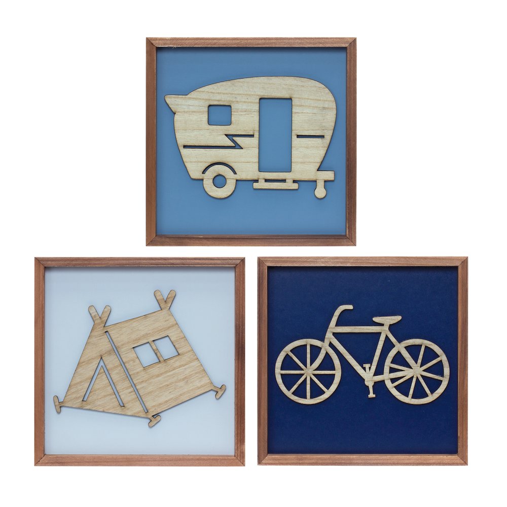 Framed Tent/Camper/Bike (Set of 3) 10"SQ MDF/Wood. Picture 1