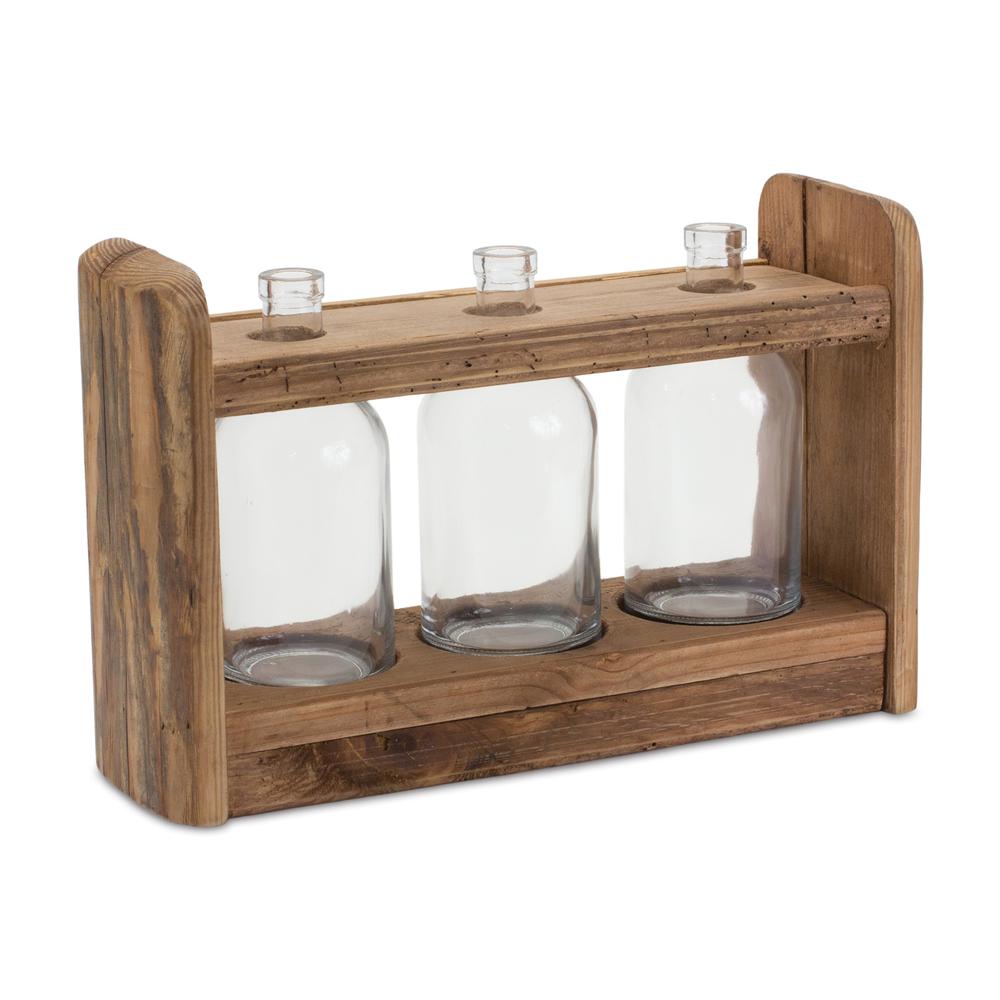 Triple Vase in Holder 15"L x 9.75"H Wood/Glass. Picture 1