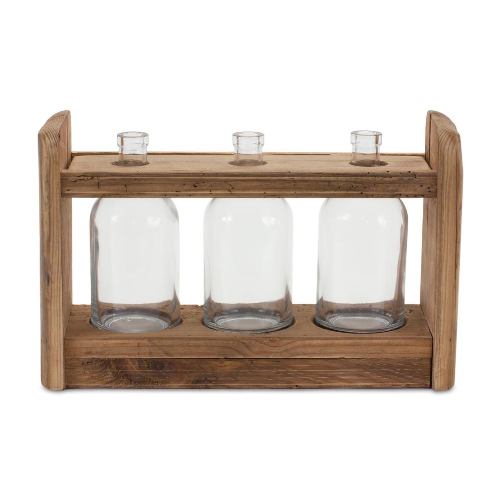 Triple Vase in Holder 15"L x 9.75"H Wood/Glass. Picture 2