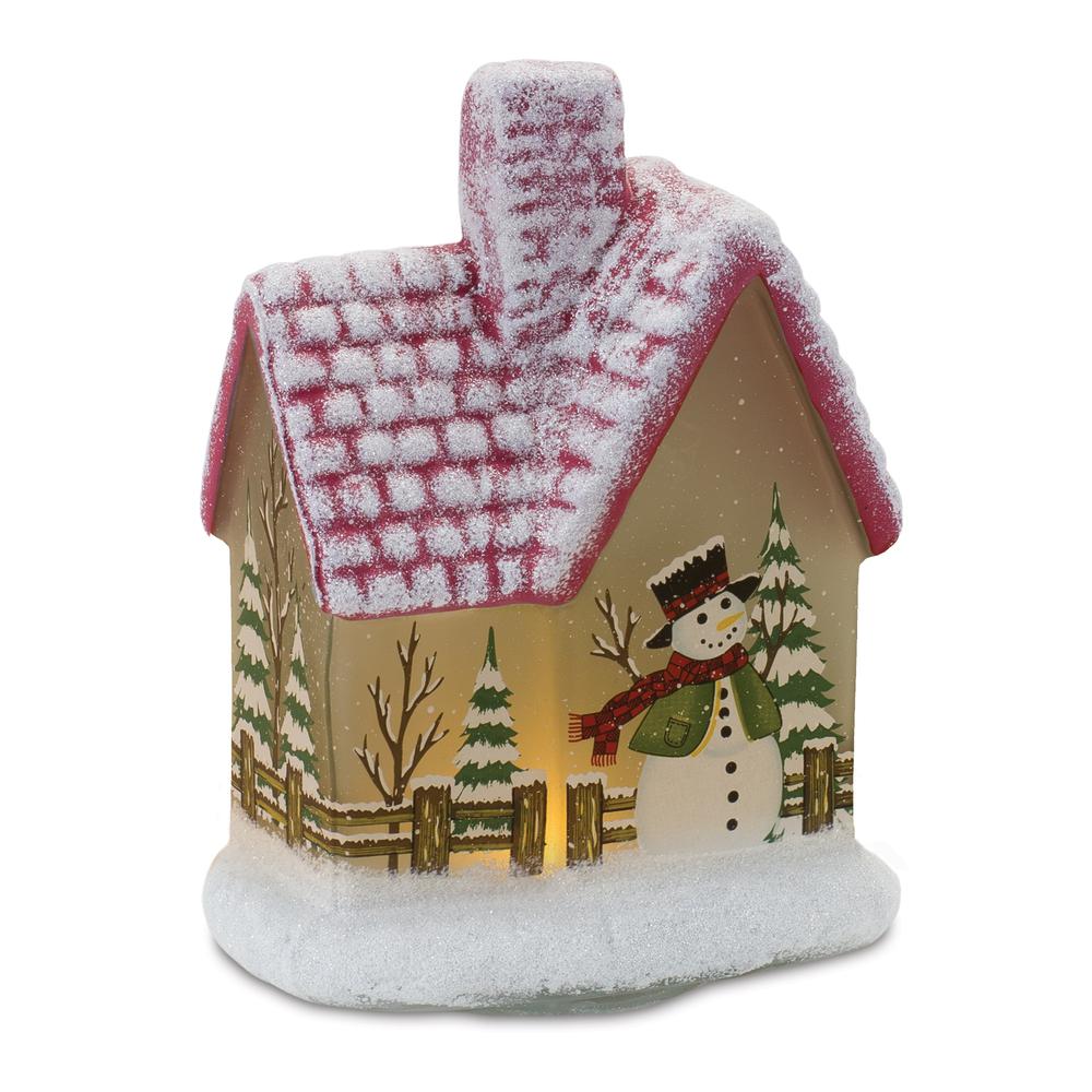 LED House w/Snowman (Set of 2) 7.5"H Glass 2 AAA Batteries, Not Included. Picture 1