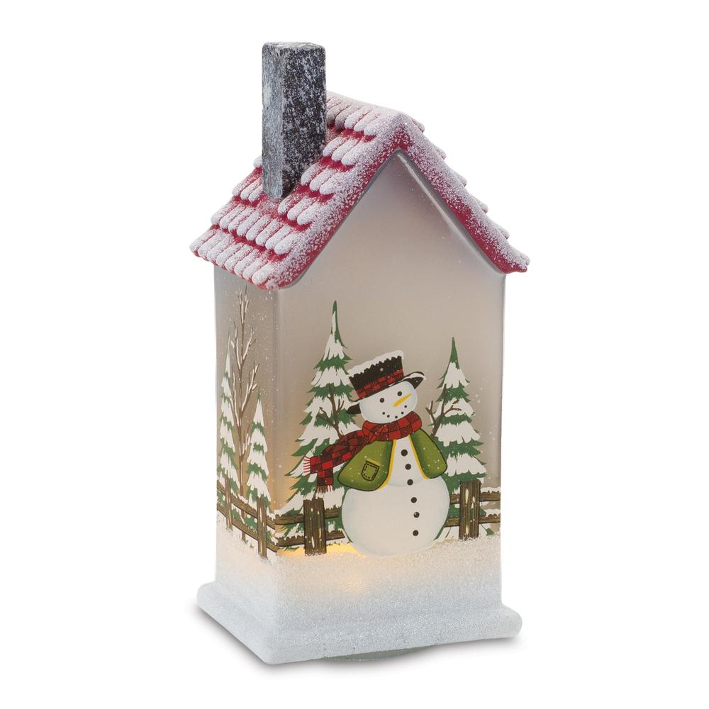 LED House w/Snowman (Set of 2) 9"H Glass 2 AAA Batteries, Not Included. Picture 1