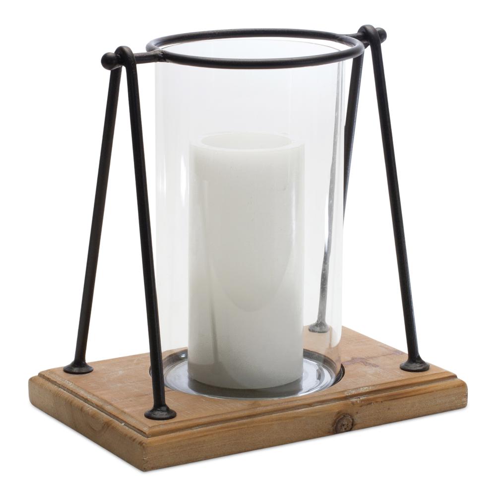 Candle Holder (Set of 2) 9.75"H Wood/Iron/Glass. Picture 1
