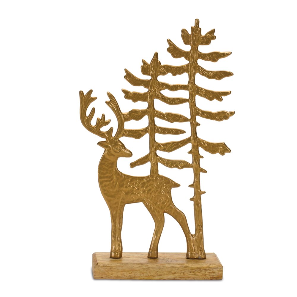 Deer w/Trees on Base 6.5"L x 11"H Wood/Aluminum. Picture 1