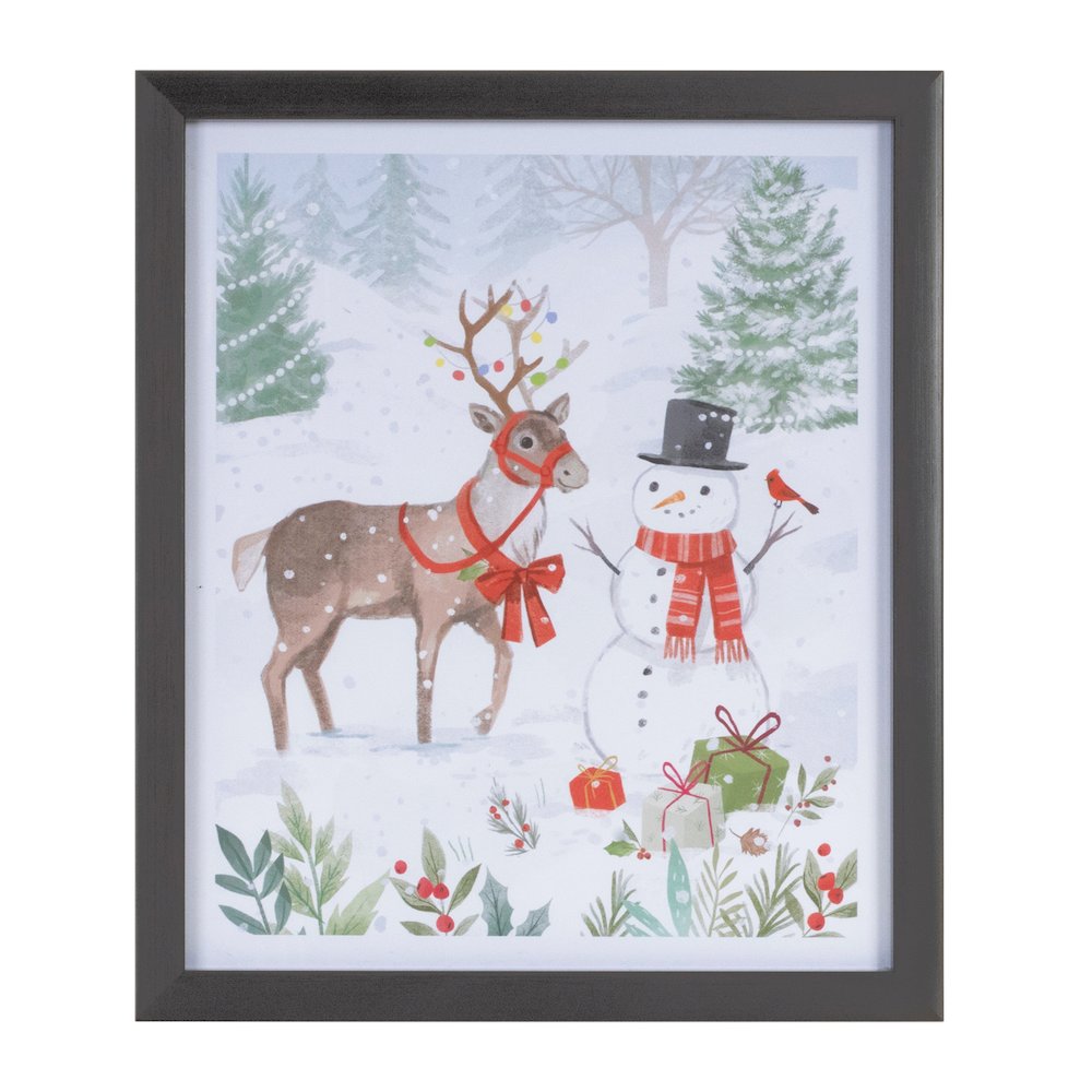 Framed Snowman and Reindeer Print 9"L x 11"H Plastic/Paper. Picture 1