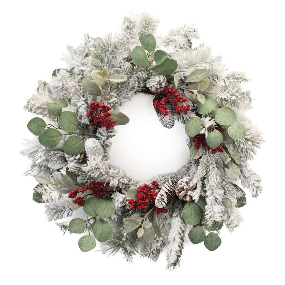 Flocked Pine and Berry Wreath 28"D Polyester/PVC. Picture 1