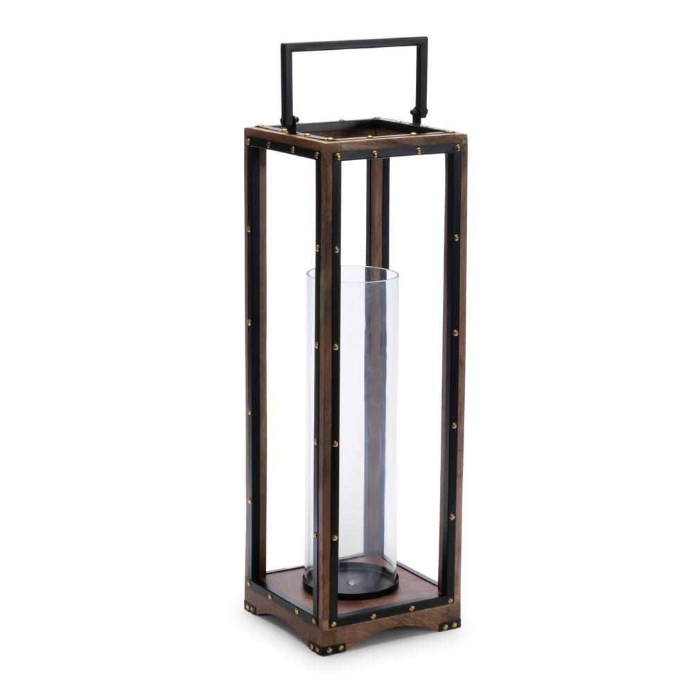 Candle Holder 7"SQ x 25"H Iron/Wood (Glass 3.75"D x 14"H). Picture 1
