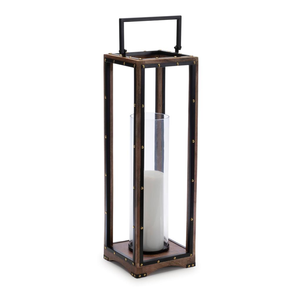Candle Holder 7"SQ x 25"H Iron/Wood (Glass 3.75"D x 14"H). Picture 2