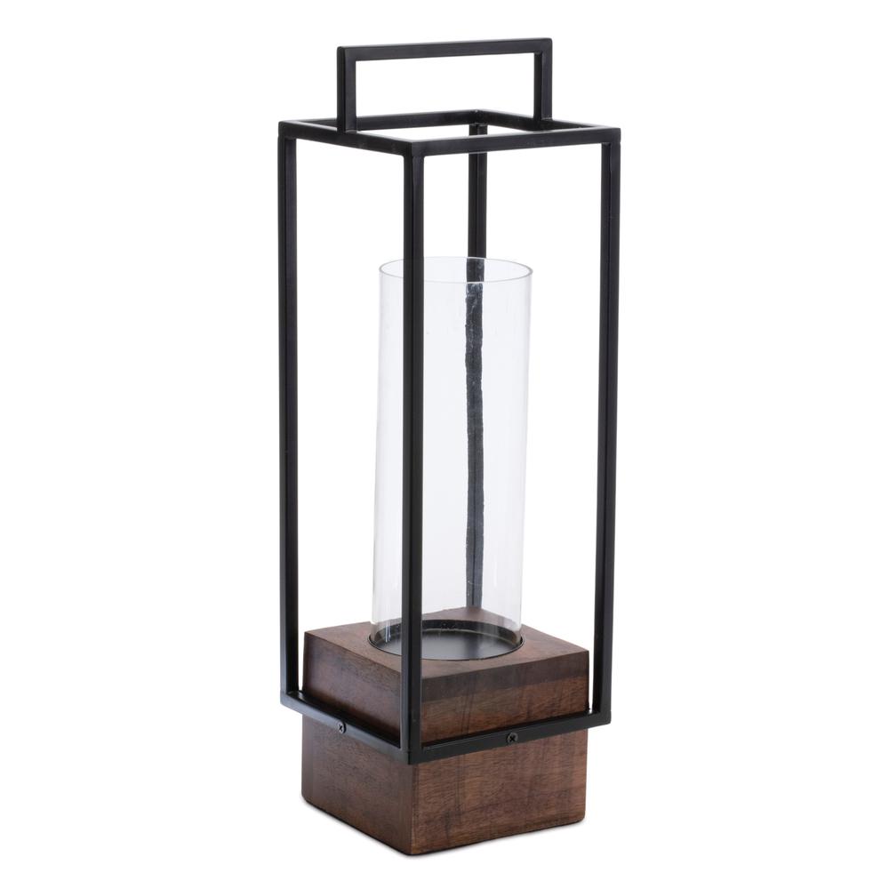 Candle Holder 6.5"SQ x 20"H Iron/Wood (Glass 3.75"D x 9.75"H). Picture 1