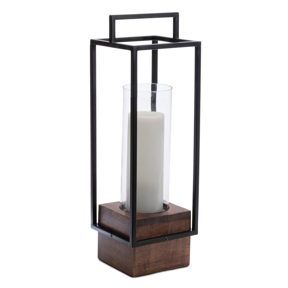 Candle Holder 6.5"SQ x 20"H Iron/Wood (Glass 3.75"D x 9.75"H). Picture 2