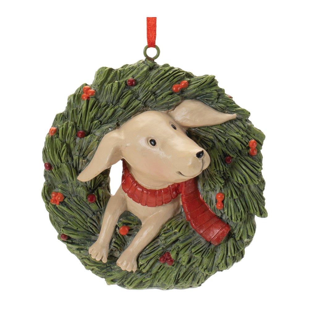 Playful Cat and Dog in Pine Wreath Ornament (Set of 4). Picture 3