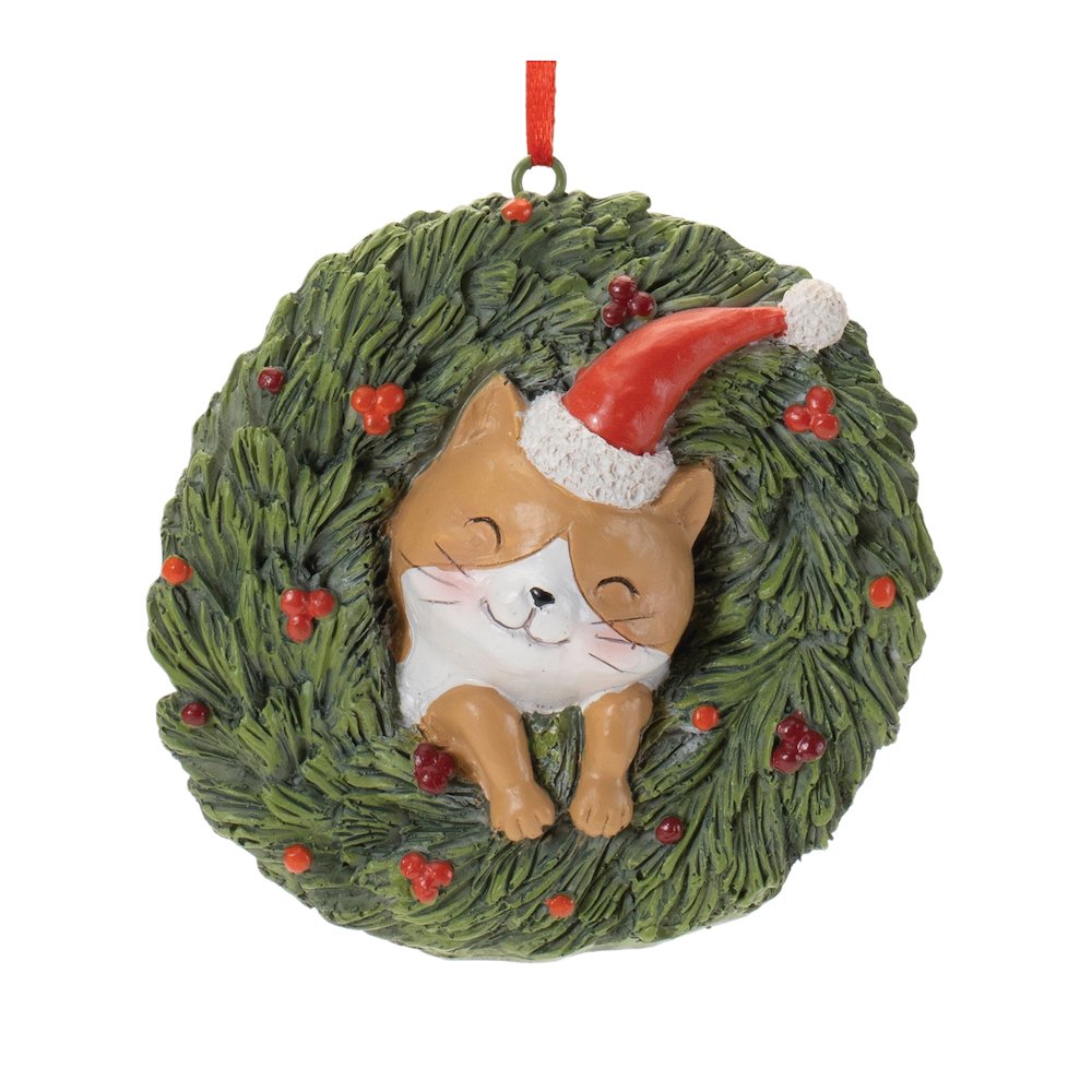 Playful Cat and Dog in Pine Wreath Ornament (Set of 4). Picture 4