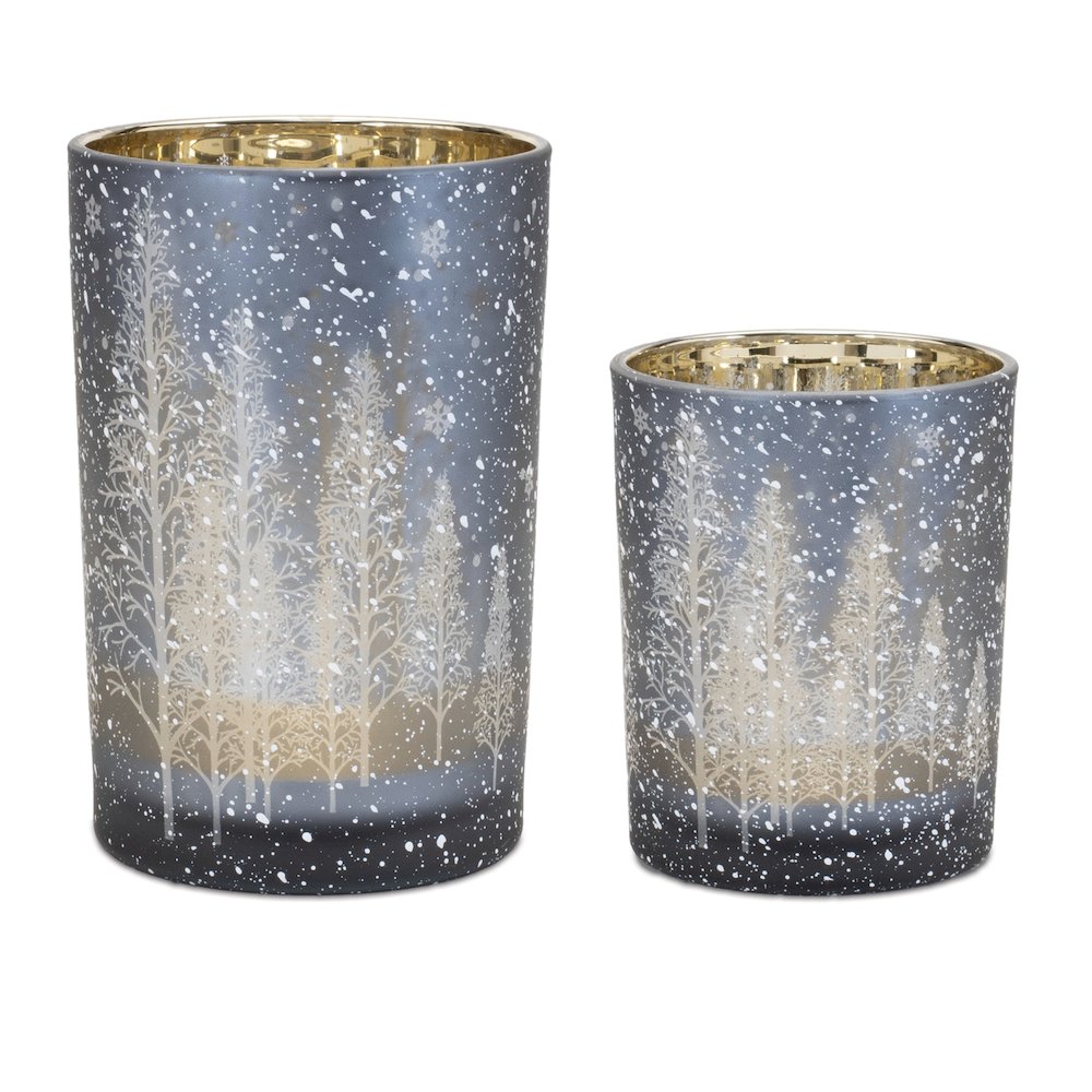 Navy Pine Tree Glass Candle Holder (Set of 2). Picture 1