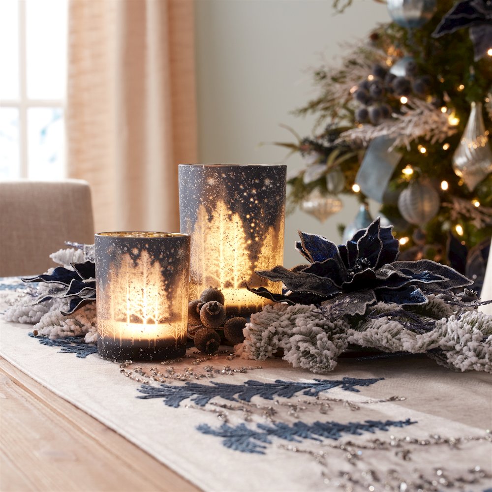 Navy Pine Tree Glass Candle Holder (Set of 2). Picture 5
