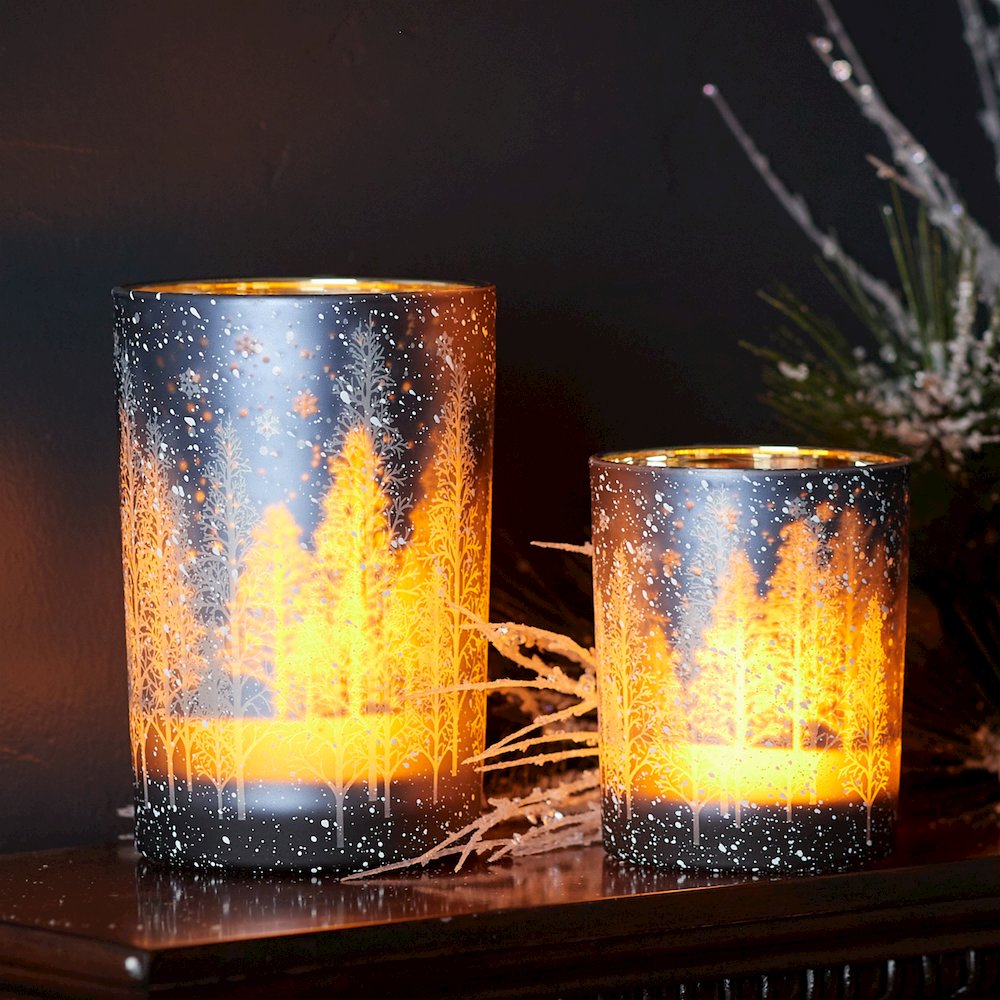 Navy Pine Tree Glass Candle Holder (Set of 2). Picture 2