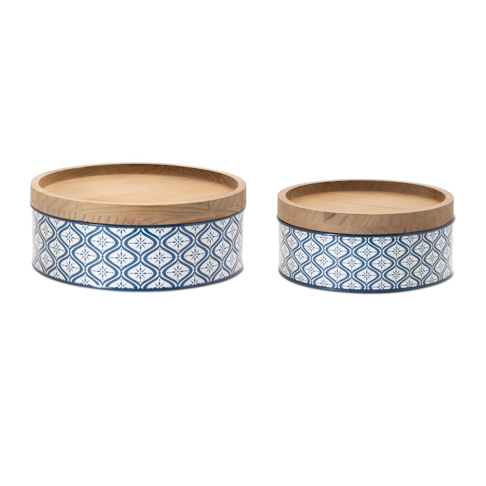 Metal Patterned Canister with Natural Wood Lid (Set of 2). Picture 1
