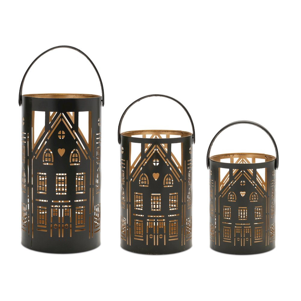 Punched Metal House Lantern (Set of 3). Picture 1