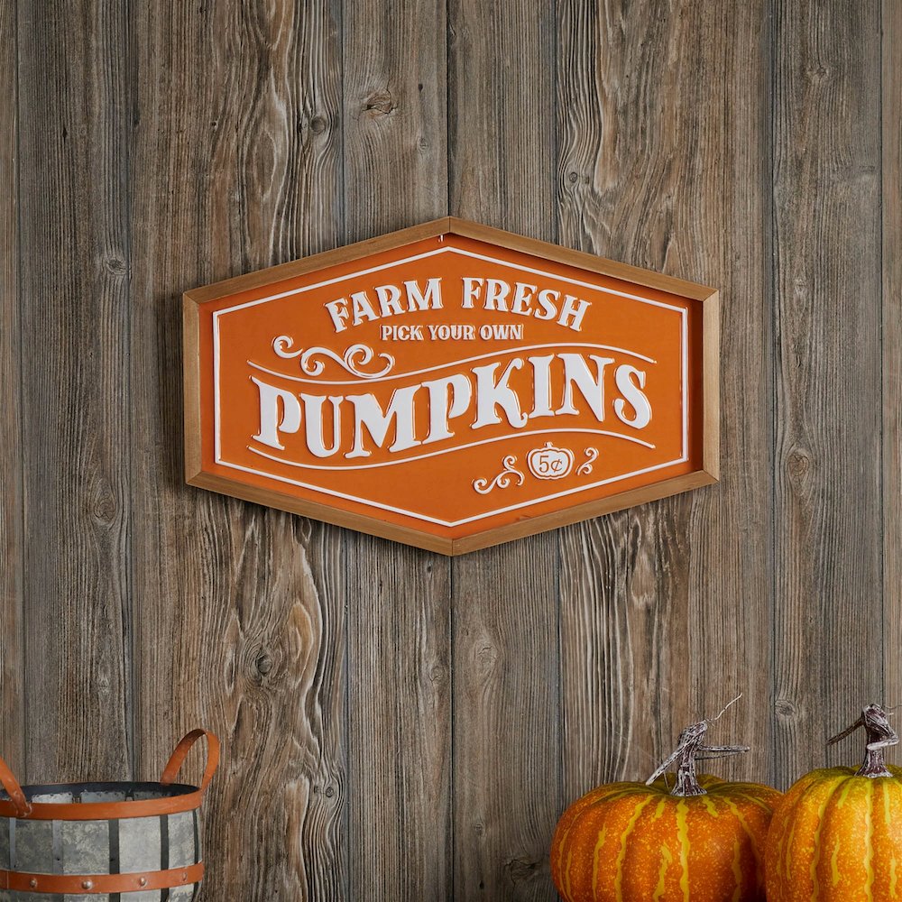 Framed Metal Farm Fresh Pumpkins Sign 19.5"L. Picture 2
